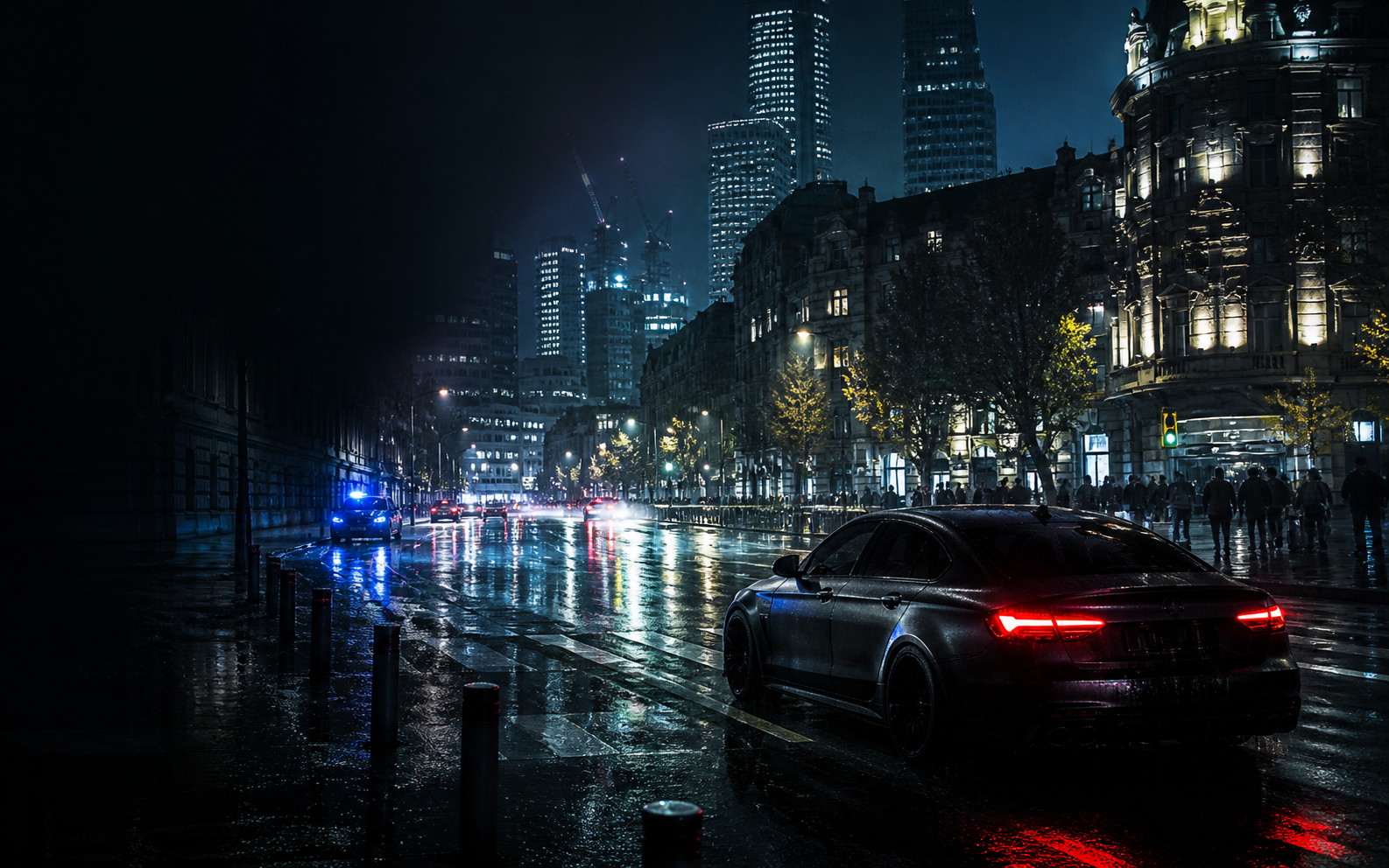Night-time FiveM city scene with a performance car